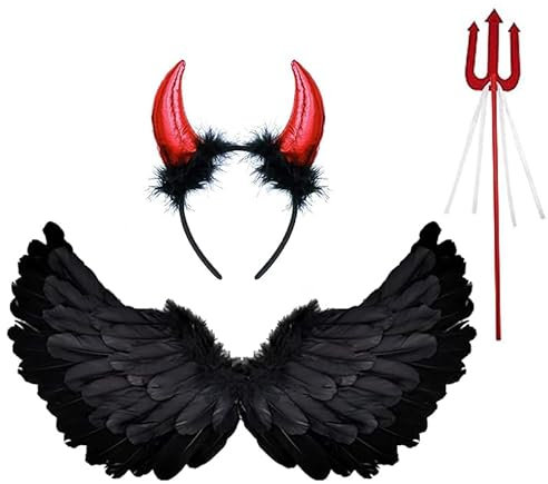 GTYYBH Ali di Piume d'Angelo Nere, Halloween Costumi da Diavolo Set con Forcone Rosso e Cerchietto con Corno da Diavolo, Ideale per Festa di Halloween Cosplay Vestire