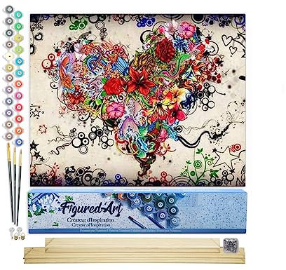 Figured'Art Malen Nach Zahlen Erwachsene Mit Rahmen Blumenherz - Paint by Numbers Basteln DIY Bastelset 40x50cm Mit Keilrahmen (nicht gespannt)