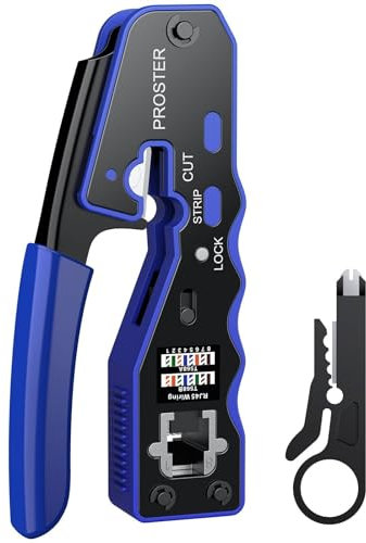Proster Pinza Crimpatrice RJ45 Professionale Pass Through Multifunzione Spelafili per Cavo Rete per Connettori Strumento Crimpatura per RJ45 CAT5 CAT6/CAT6A RJ45 Kit Crimper Ethernet