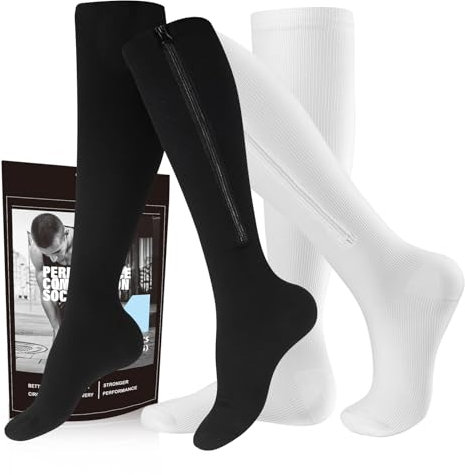 cerpite Calze a compressione con cerniera, per uomo e donna, 2 paia da 15 a 20 mmHg, punta chiusa, al ginocchio, adatte per la corsa,, nero/bianco, 3XL