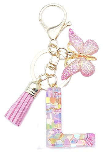 Xsclpomddy Mädchen Alphabet Buchstaben Schlüsselanhänger Niedlich Schlüsselanhänger Glitzer mit Schmetterling Quasten Harz Rosa.Keychain für Tasche Charme,L