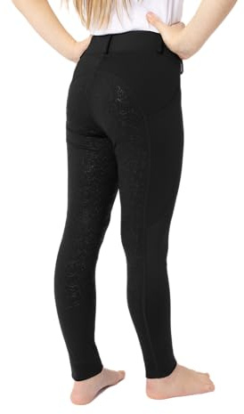 HORZE Leggings de equitación para niños, DEA, pantalones de equitación para niña, trabillas para cinturón, ribete completo, funda para teléfono móvil, Negro , 134-140 cm