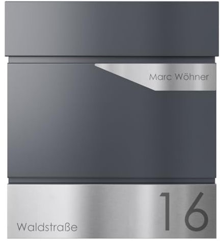 Briefkasten Manufaktur Design Briefkasten Kant mit Zeitungsfach - Avantgarde 1 individuell mit Ihrem Namen, Straße & Hausnummer (RAL 7016 anthrazitgrau)