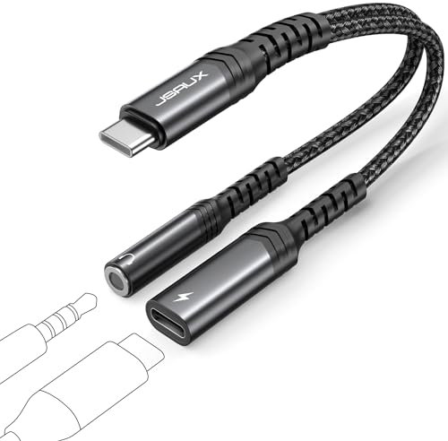 JSAUX USB C Kopfhörer Adapter und Laden, 2 in 1 Typ C auf 3.5mm Klinke AUX Adapter Unterstützt PD 60W Schnellladung Kompatibel mit iPhone 16 Pro Max/15 Pro Max, S24/S23 Ultra, iPad-Schwarz