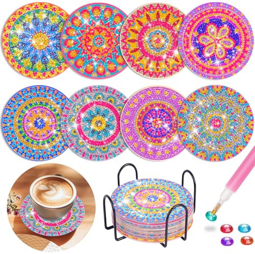 Jovicos Basteln Mädchen 6 7 8 9 10 Jahre, 8 STK Diamond Painting Untersetzer mit Halter, 5D Diamond Painting Kinder Erwachsene Art Mandala, Geschenke für Mädchen Kindergeburtstag Bastelset