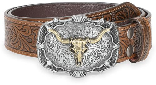 WHIPPY Mens Cowboy Belt Western Belts for Men Women with Engraved Floral Bull Head Buckle Western Leather Buckle Belt for Jeans,Brown-Copper 28-32