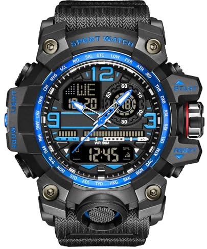findtime Montre de sport militaire pour homme - Étanche - Affichage numérique - Analogique - Avec LED - Alarme - Chronomètre - Minuteur - Jour et Date