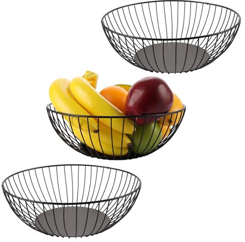 LDXDRU Frutero de metal negro de 3 piezas, frutero de metal negro para cocina, cesta de frutas de metal para cocina, cesta de alambre para guardar frutas, verduras, aperitivos, pan