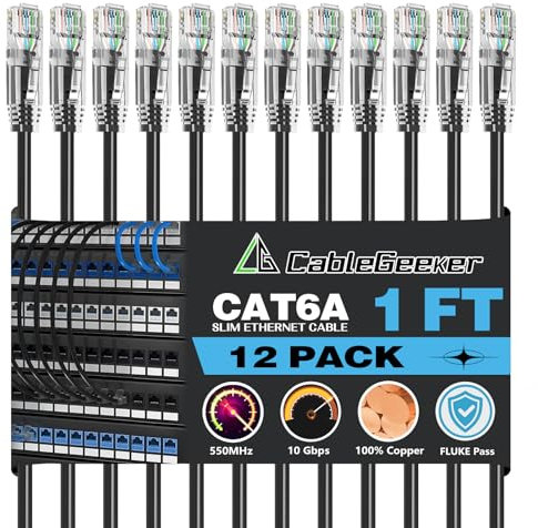 CableGeeker Patch Cables Cat6a 1ft (12 Pack) Slim, Cat6 Ethernet Patch Cable 10G Support, Snagless RJ45 Cat 6 Patch Cable for Patch Panel to Switch, Flexiable Network Cable - 1 Feet Black