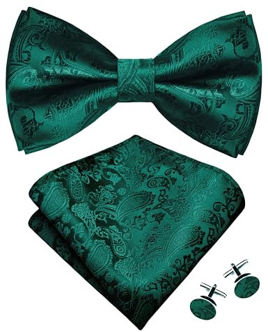 Gusleson Green Bow Tie Pocket Square Set for Men Pre-Tied Silk Emerald Green Paisley Bowties Handkerchief Cufflinks for Party (UK0497-37)