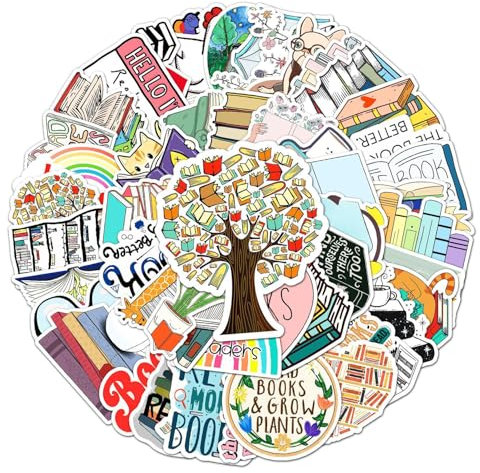 50 Pcs Book Stickers, Waterproof Vinyl Reading Stickers, Scrapbook Sticker for Water Bottles, Laptop, Guitar, Skateboard, Suitcase, Book Lovers Gift