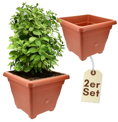 GarPet 2er Set Pflanzkübel Rechteckig Pflanzkübel Groß Außen Blumenkübel Outdoor Pflanztopf Pflanzkasten Blumentopf Wasserspeicher 35 cm Terrakotta