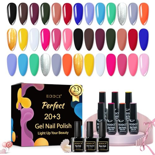 EODCI 23 Stück Uv Nagellack Set, 20 Farben Gel Nagellack mit Unterlack, Überlack, Matte Überlack,Rose Schwarz Weiß Rot Grün Gel Soak Off Starter für Anfänger Nail Art Maniküre Salon