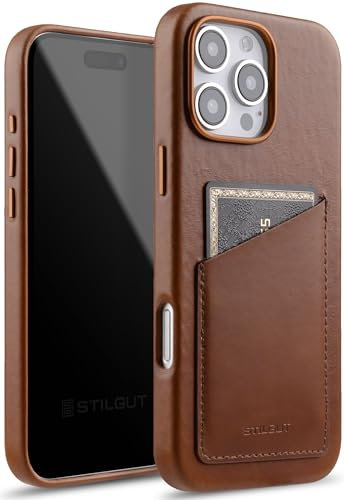 STILGUT Cover kompatibel mit iPhone 16 Pro Hülle mit Kartenfach, Case aus Leder, Kartenhülle - Cognac