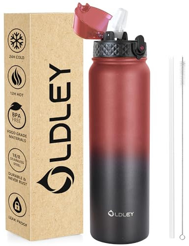 OLDLEY Stainless Steel Water Bottle with Straw 1L Vaccum Insulated Large Drink Flask Metal Water Bottles 1 Litre Leakproof Keep Drinks Hot Cold for Sports Gym Travel Adult Women Men(Red Black, 1 Lid)
