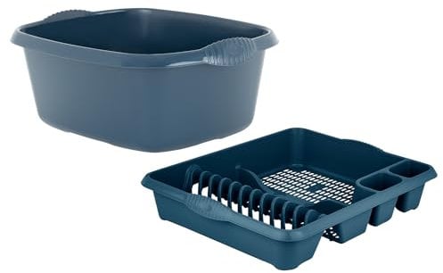 TENLITE SET OF 2 Large Rectangular Washing Up Bowl with large Dish Drainer For Kitchen Utensils - (Midnight Navy)