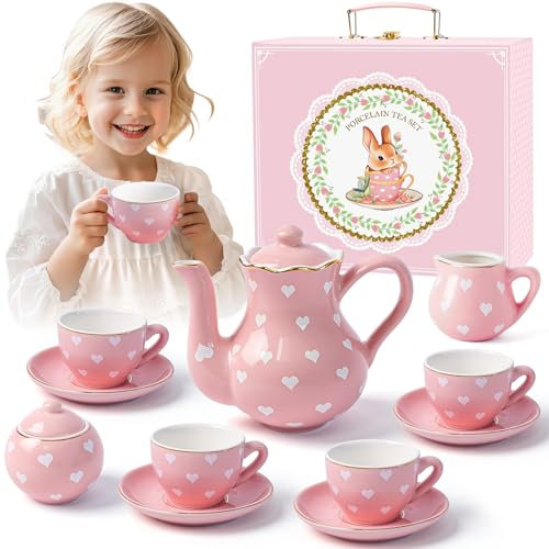 Toylink Pink Kids Tea Set Porcelain Tea Set Gift for Girls 3 4 5 6 7 Years Porcelain Teapot Set with Cups Sugar Bowl Milk Jug Carry Case kids Tea Party Toy Gift