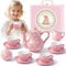 Toylink Pink Kids Tea Set Porcelain Tea Set Gift for Girls 3 4 5 6 7 Years Porcelain Teapot Set with Cups Sugar Bowl Milk Jug Carry Case kids Tea Party Toy Gift