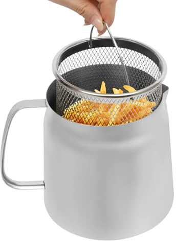 Begoniape Friteuse mit Siebkorb 2 L Klein Frittiertopf öl, Haus&Outdoor-Camping Friteuse mit Griff, 304 Edelstahl, kann zum Frittieren von Pommes frites, Hühnchen (Silber)