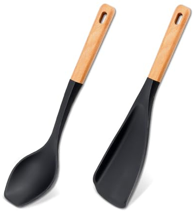 2pc Silicone Cooking Spoons, Kitchen Utensils with Wooden Handle, Multifunctional Spatula Spoon, Nonstick Cookwares for Cooking, Mixing