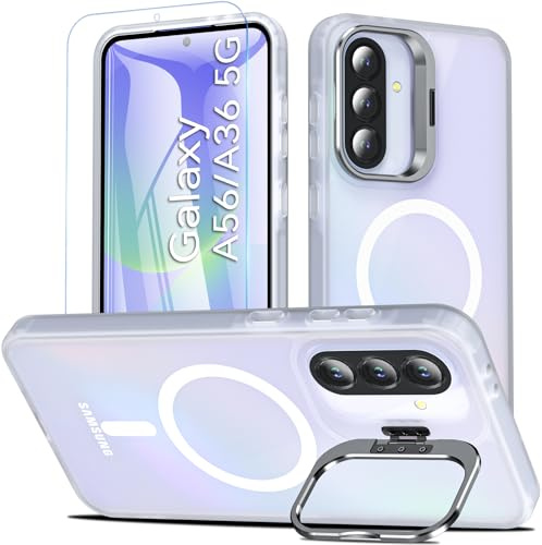 OWKEY für Samsung Galaxy A56/A36 5G Hülle mit Kamera Ständer,Handyhülle mit Schutzfolie,Magnetische Stoßfest Schutzhülle für Samsung A56/A36 5G,Durchscheinend Matt Weiß