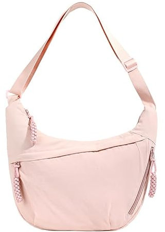 LOCCY Halbmond Umhängetasche Damen, Nylon Crossbody Bag Half Moon Bag Crossbody Schultertasche Hobo Tasche mit verstellbarer Schultergurt für Uni Arbeit Reisen Alltag (Hellrosa)