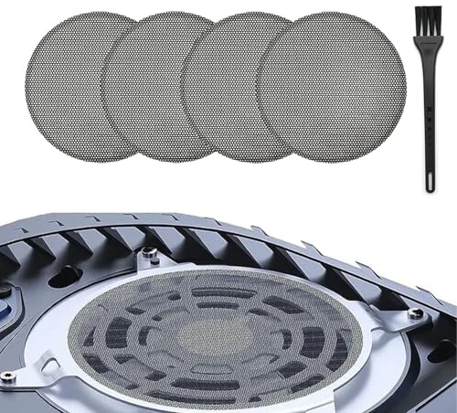 Dust Protector Cover Kit Compatible with PS5 with 4 Round Fan Dust Nets + 1 Black Cleaning Brushes for Playstaion 5 Cooling Fan, High-Density Breathable Mesh, Keep Console Clean,not for PS5 Pro/Slim