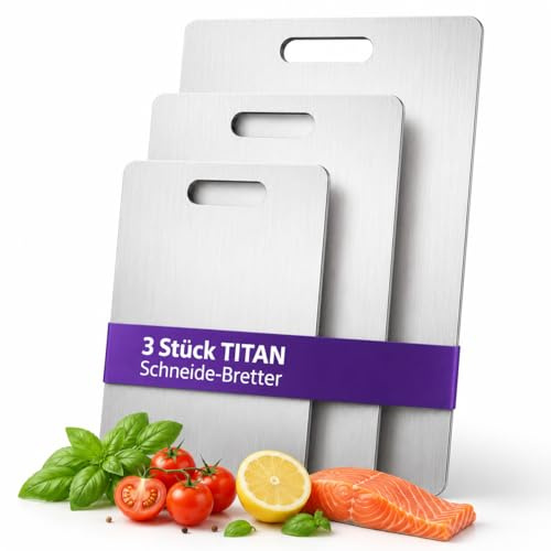 NOVA Titan Schneidebrett 3er Set S M L, Edelstahl Schneidebrett Set spülmaschinenfest, hygienische Schneidebretter geruchsneutral & platzsparend, Titanium Cutting Board für Obst Gemüse Brot Käse