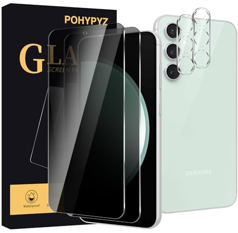 POHYPYZ 2+2Pack Privacy Screen Protector for Samsung Galaxy S23 FE，2 Privacy Screen Protector + 2 Camera Lens Protector， Anti-Spy Tempered Glass, 9H hardness，Full Coverage, Case Friendly