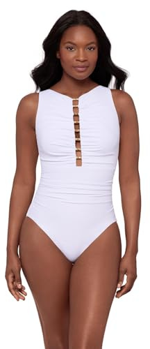 Miraclesuit Women's Swimwear Razzle Dazzle Swizzle Underwire High Neck One Piece Swimsuit, White, 10