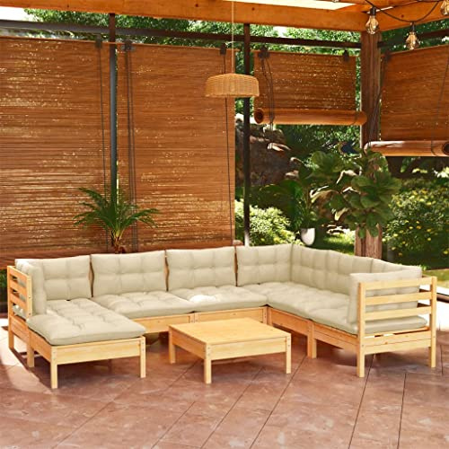 Frdhee Terassenmöbel Außen Balkonstuhl,8-TLG. Garten-Lounge-Set mit Creme Kissen Massivholz Kiefer,Sitzgruppe für Terrasse,Veranda und Hinterhof