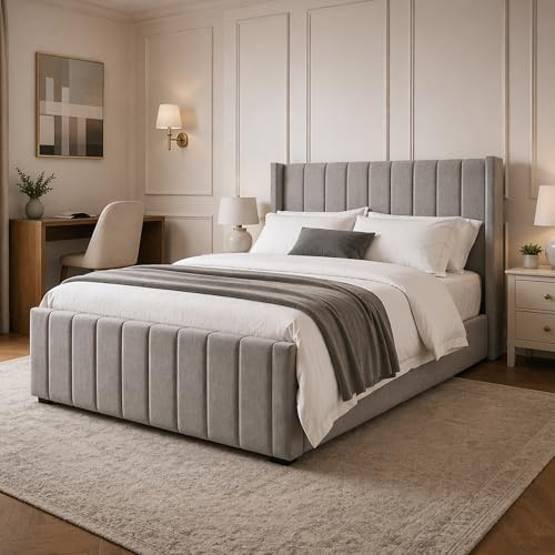 King Size Upholstered Ottoman Gas Lift Bed Frame in Plush Grey Fabric - Strong Structure, Easy to Clean, Ample Storage Space, Includes Option for Mattress - Stylish and Functional Bedroom Solution