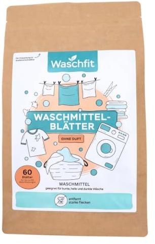 Waschfit Waschmittelblätter | 60 Universal Waschstreifen ohne Duft | Eco-Waschmittel für Bunt-, Hell- & Dunkelwäsche | löst sich komplett auf, sorgt für frische Wäsche ohne Duft & reduziert Müll