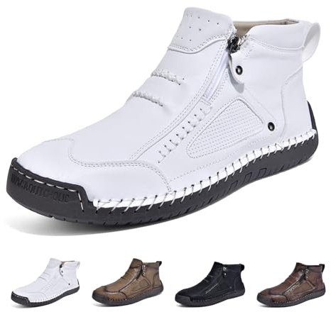 Scarpe Mocassini Alti da Uomo, Stivaletti Ortopedici Antiscivolo Impermeabili, Scarpe da Trekking Alte con Cerniera Laterale, Punta Larga(White,43 EU)