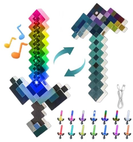 14 Farben Diamantschwert Licht 2 in 1 Diamant Spitzhacke Disguise Zubehör Wiederaufladbare Lichtschwert für Kinder Sword LED Lichter mit Soundeffekten für Kinder Geschenke Cosplay Zimmer & Party