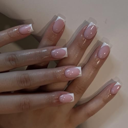 White French Tip False Nails, 24Pcs Short Square Fake Nails | Pink Press On Nails with Classic White French Tip Design, Acrylic Press On Nails Full Cover Nail Tips with Glue