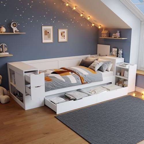 Kinderbett 90x200 cm, Einzelbett Tagesbett mit Regalen und Stauschrank, Stauraumbett mit Schubladen, Bettkasten mit Nachttischen, Jugendbett, Funktionsbett, Bettgestell aus Holz, ohne Matratze, Weiß