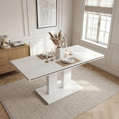 JIEXI Esstisch Ausziehbar, weißer MDF-Tisch 140-180cm für Küche, Esszimmer | Moderne Hochglanz-Tischplatte, stabiles Untergestell, Platz für 6-8 Personen, flexibel für Alltag, Gäste und kleine Räume
