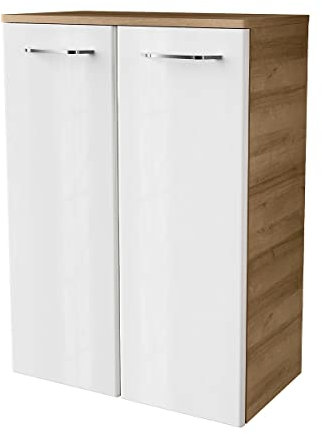 FACKELMANN Doppel-Midischrank Milano/Badschrank mit Soft-Close-System/Maße (B x H x T): ca. 60,5 x 83 x 32 cm/hochwertiger Schrank fürs Badezimmer / 2 Türen/Korpus: Braun hell/Front: Weiß
