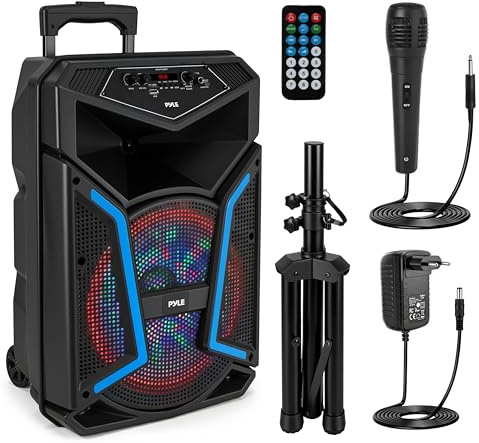 Pyle Sistema de Altavoces, PA, 800W, Bluetooth, Portatil, Microfono, Mando a Distancia, Luces, MP3, USB, Radio FM, Ruedas para facil Transporte