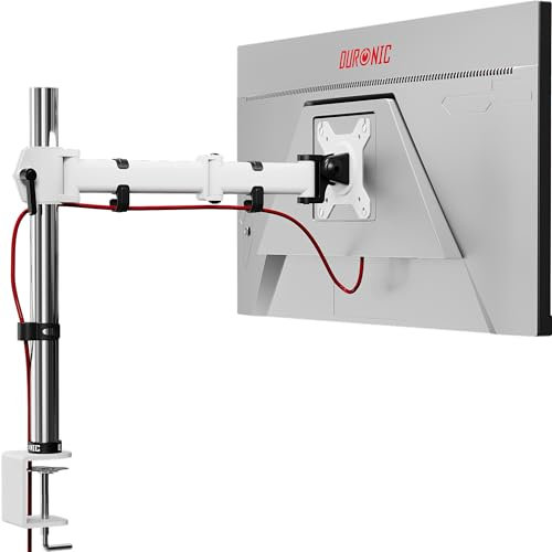 Duronic Single Monitor Arm DM251X3 White Height Adjustable Computer Stand Riser for 13-27” PC screens VESA 75/100 Monitor Desk Mount Clamp with 8kg Capacity for Gaming, Office, Work