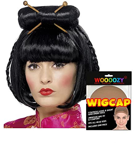 PAPSTAR NEU Perücke Damen Pagenkopf mit Pony, Bob Asia mit Stäbchen, schwarz - mit Haarnetz