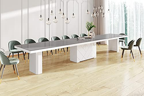 Design Konferenztisch Tisch HEK-111 Grau/Weiß Hochglanz XXL ausziehbar 180 bis 468 cm