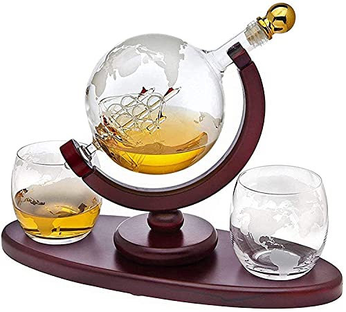 Globe Decanter con nave – Set di decanter per whisky, con 2 bicchieri, dispenser per bevande liquori, scotch, borbon