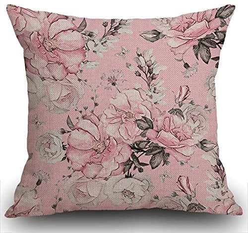 Smooffly Floral Cushion Covers,Flowers and Leaves Pink Watercolor Floral Blossom Flower Rose Spring Decorative Pillow Cases Cotton Linen Square Throw Pillow Cover for Home Sofa Couch 18x18 inch