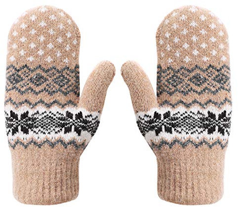 ITODA Fäustlinge Winter Damen Fausthandschuhe Strick Winterhandschuhe Schneeflocke Strickhandschuhe Verdickt Warm Wollhandschuhe Doppelschicht Handwärmer Winddicht Damenhandschuhe Outdoor Fahrrad