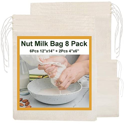 8 Pack Nut Milk Bags - Bojuzhi Unbleached Cotton Cheesecloth Bags for Straining, Nut Bag Strainer for Oat/Almond/Yogurt/Juice/Tea