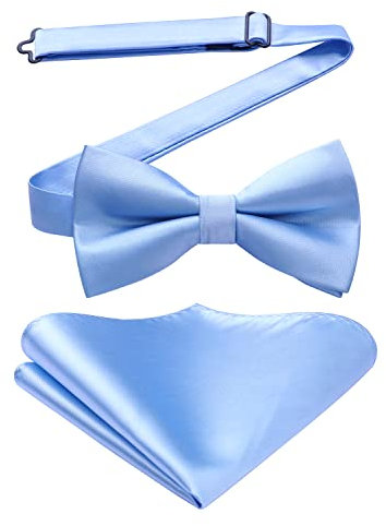 HISDERN Hellblau Fliege Einfarbig Herren Fliege mit Einstecktuch Set Vorgebundene Fliege Anzug für Smoking,Hochzeit,Weihnachten