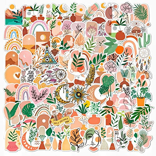 Boho Aufkleber, 100 Stück Ästhetische Süße Böhmische Abziehbilder Packs für Wasserflaschen, Scrapbooking, Journaling, Skateboard, Minimalistisch Abstrakte Linienkunst Dekoration für Teenager, Mädchen