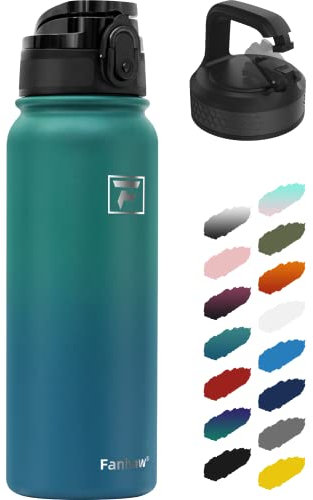 Fanhaw 600ml Insulated Stainless Steel Water Bottle with 2 Lids - Leak & Sweat Proof with Anti-Dust Lid (Green Blue)